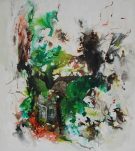 Ankor Ta Prohm 7/2023, 1.40 x 1.25m, Collage, Acryl, Tusche, Kreide auf Leinwand